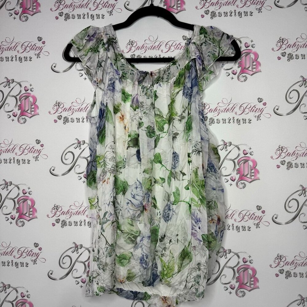 Elena baldi blouse silk floral green flowers silk ribbon bow tie detail soft